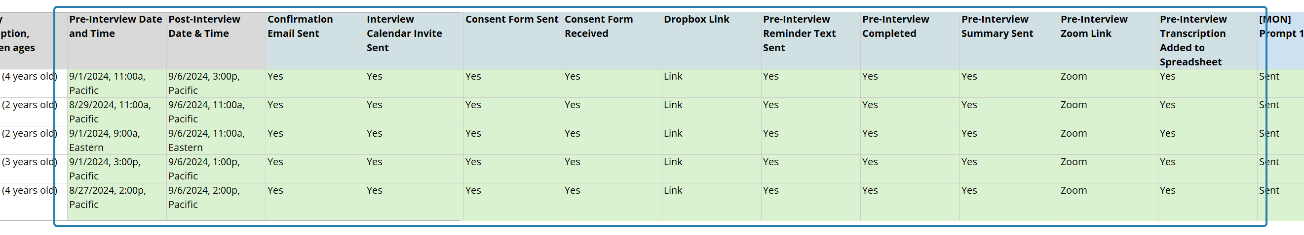 Interview spreadsheet columns